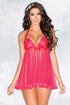 Sexiness mixed with a hint of fun! This plunging babydoll comes in a seductive red, with satin cups and playful lace placement, satin halter straps, and a tempting sheer skirt with ruffle trims. Perfect for any romantic night!